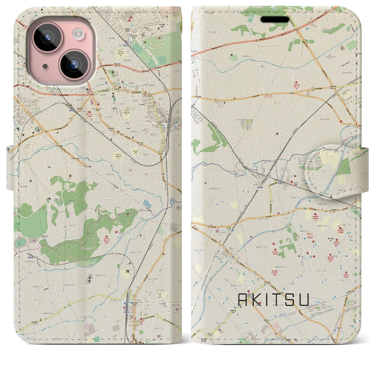 【秋津(東京都)】地図柄iPhoneケース(手帳タイプ)ナチュラル・iPhone 15 Plus 用