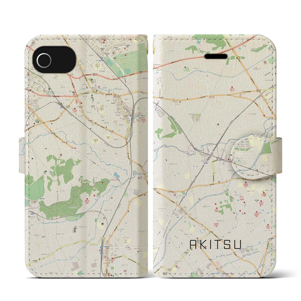 【秋津(東京都)】地図柄iPhoneケース(手帳タイプ)ナチュラル・iPhone SE(第3 / 第2世代) / 8 / 7 / 6s / 6 用