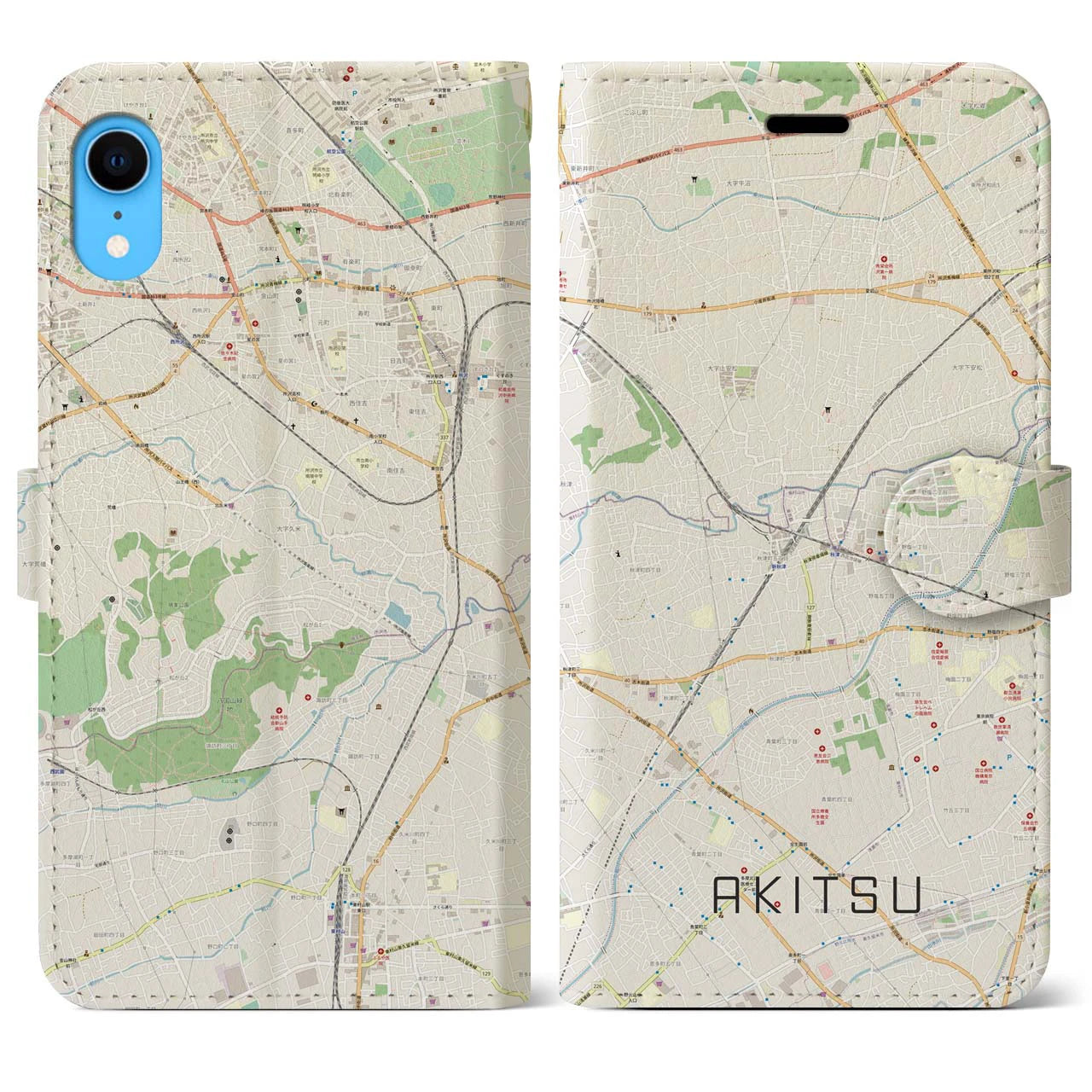 【秋津(東京都)】地図柄iPhoneケース(手帳タイプ)ナチュラル・iPhone XR 用