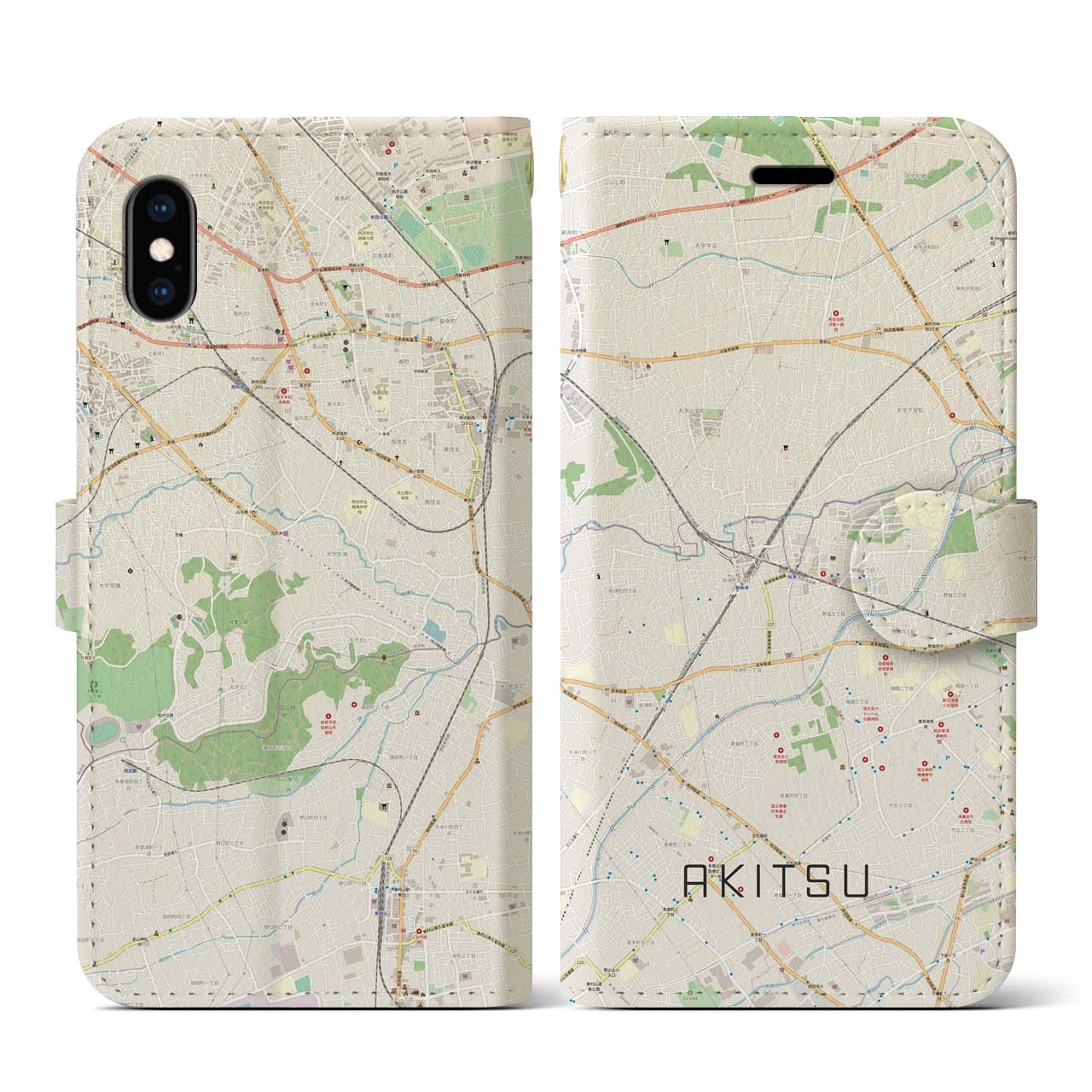 【秋津(東京都)】地図柄iPhoneケース(手帳タイプ)ナチュラル・iPhone XS / X 用