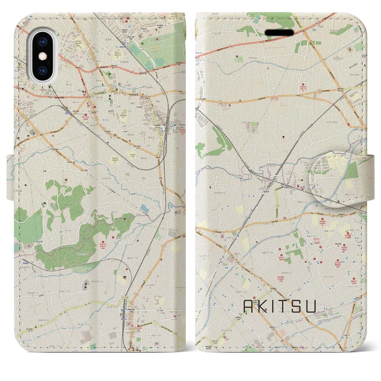 【秋津(東京都)】地図柄iPhoneケース(手帳タイプ)ナチュラル・iPhone XS Max 用