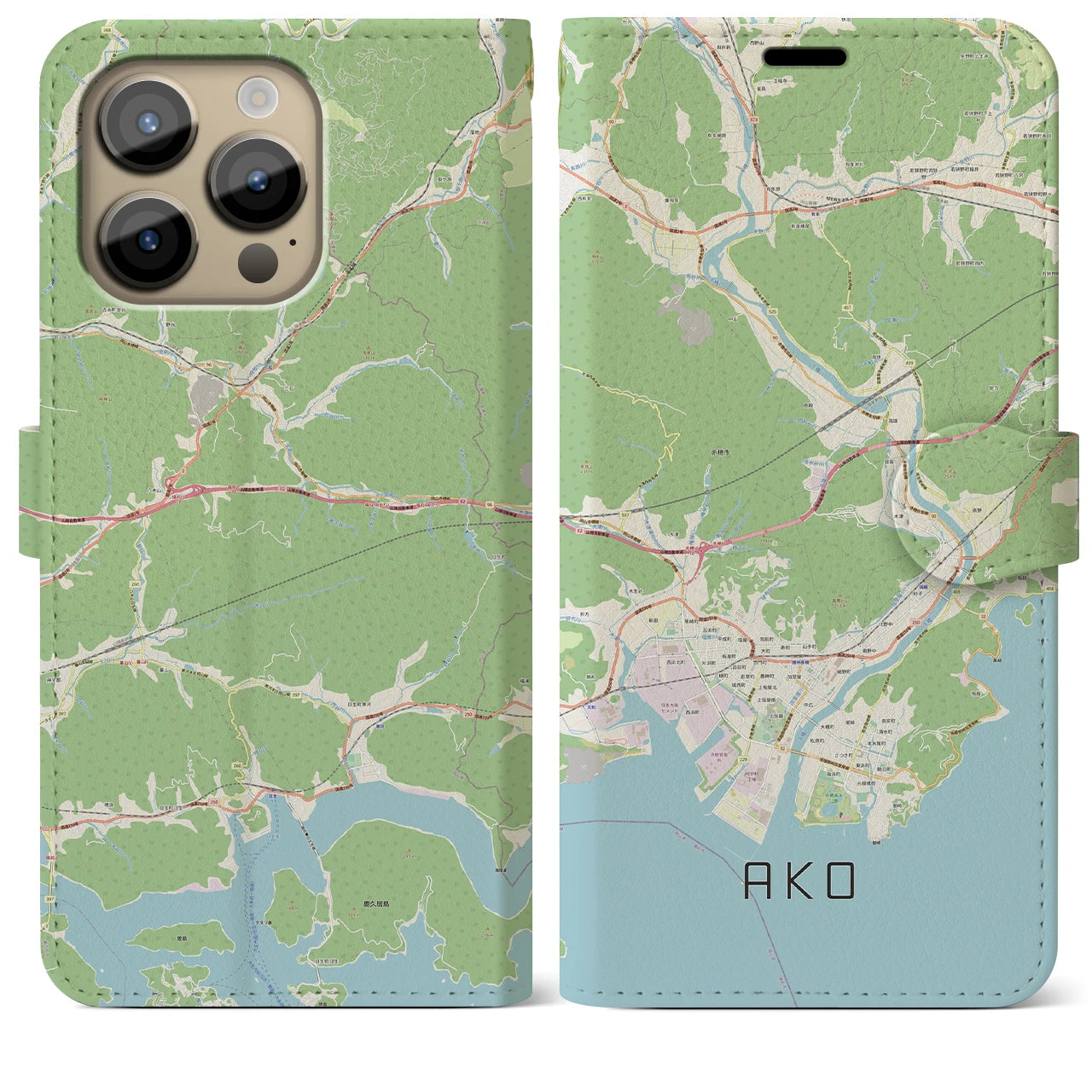 【赤穂(兵庫県)】地図柄iPhoneケース(手帳タイプ)ナチュラル・iPhone 14 Pro Max 用