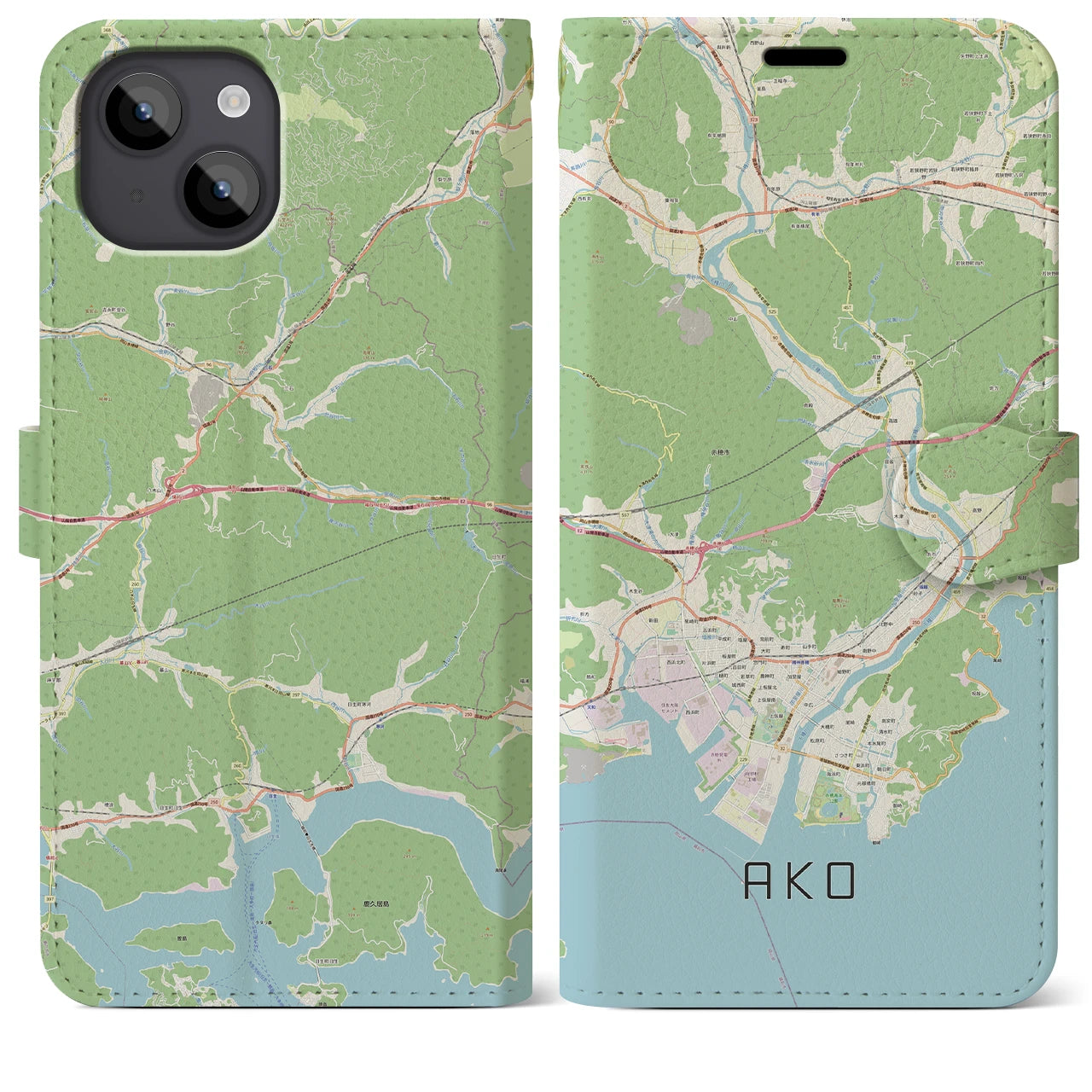 【赤穂(兵庫県)】地図柄iPhoneケース(手帳タイプ)ナチュラル・iPhone 14 Plus 用