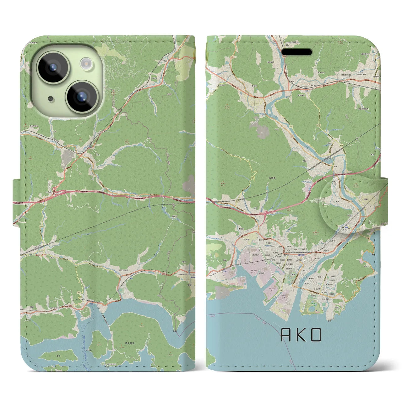 【赤穂(兵庫県)】地図柄iPhoneケース(手帳タイプ)ナチュラル・iPhone 15 用