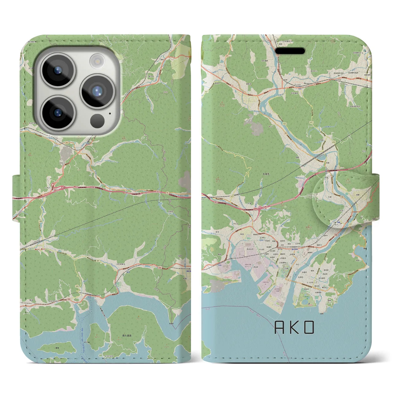 【赤穂(兵庫県)】地図柄iPhoneケース(手帳タイプ)ナチュラル・iPhone 15 Pro 用
