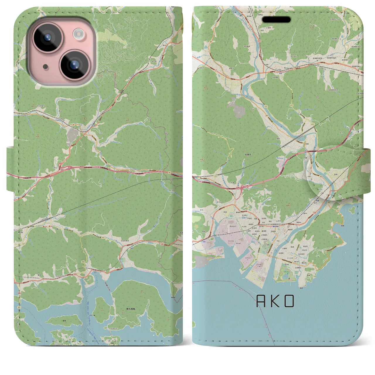 【赤穂(兵庫県)】地図柄iPhoneケース(手帳タイプ)ナチュラル・iPhone 15 Plus 用