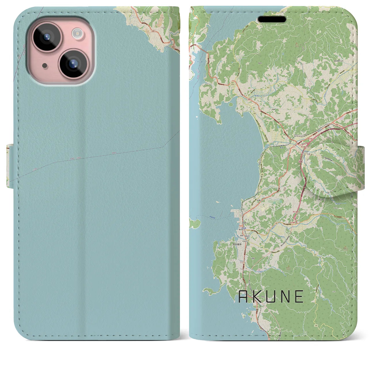 【阿久根(鹿児島県)】地図柄iPhoneケース(手帳タイプ)ナチュラル・iPhone 15 Plus 用