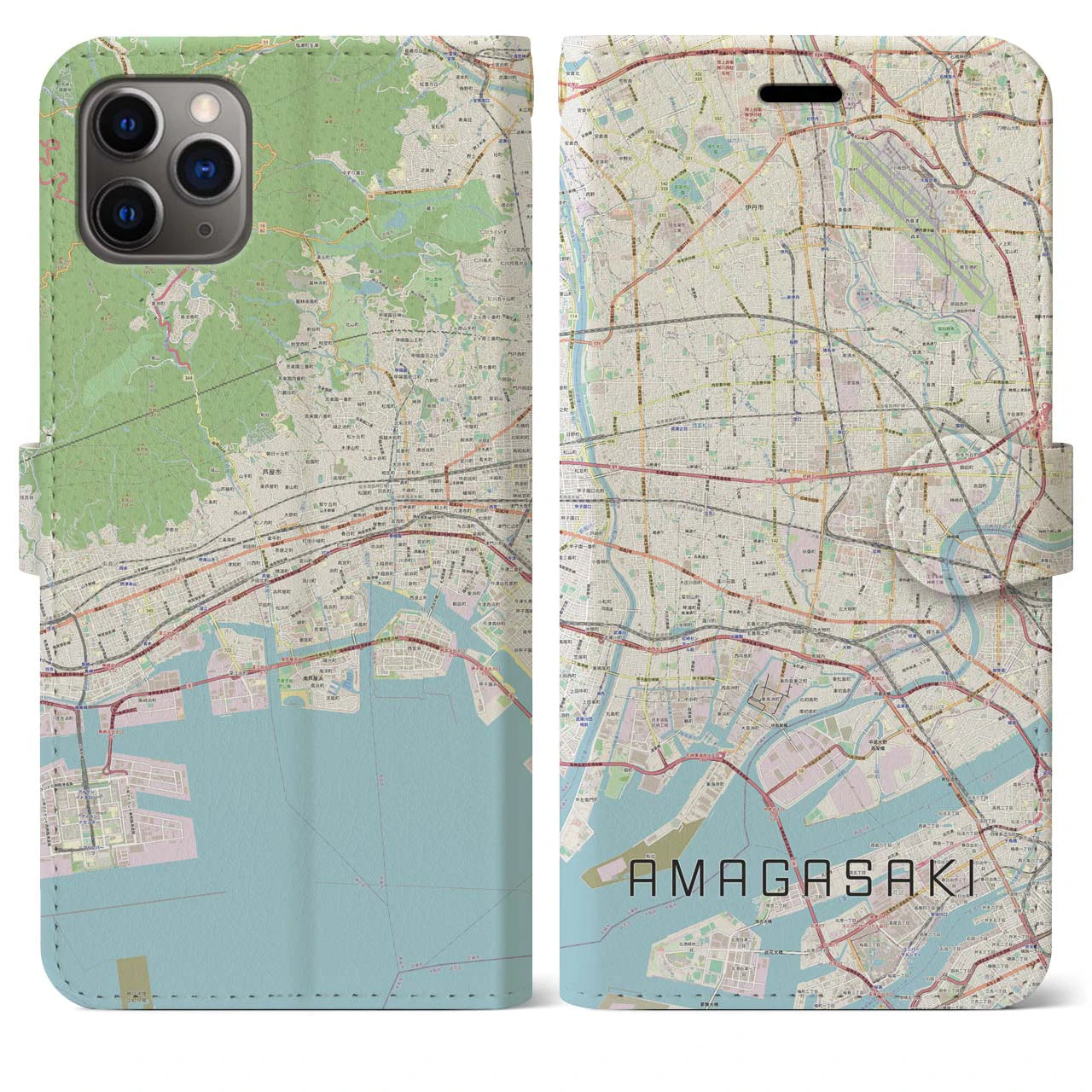 【尼崎(兵庫県)】地図柄iPhoneケース(手帳タイプ)ナチュラル・iPhone 11 Pro Max 用