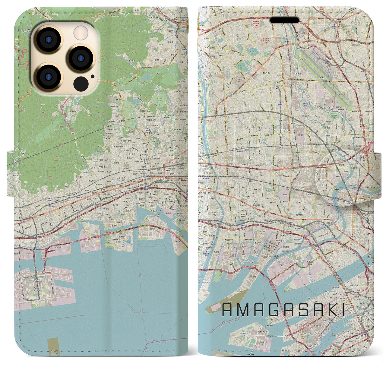 【尼崎(兵庫県)】地図柄iPhoneケース(手帳タイプ)ナチュラル・iPhone 12 Pro Max 用