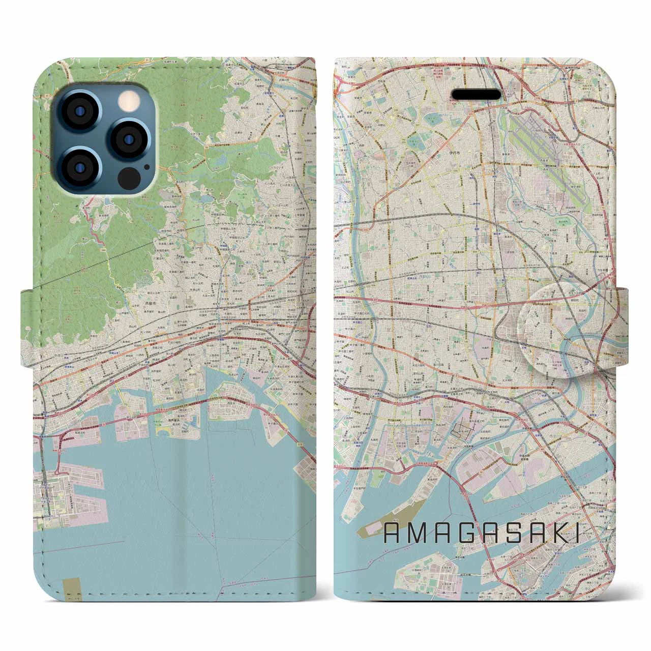 【尼崎(兵庫県)】地図柄iPhoneケース(手帳タイプ)ナチュラル・iPhone 12 / 12 Pro 用