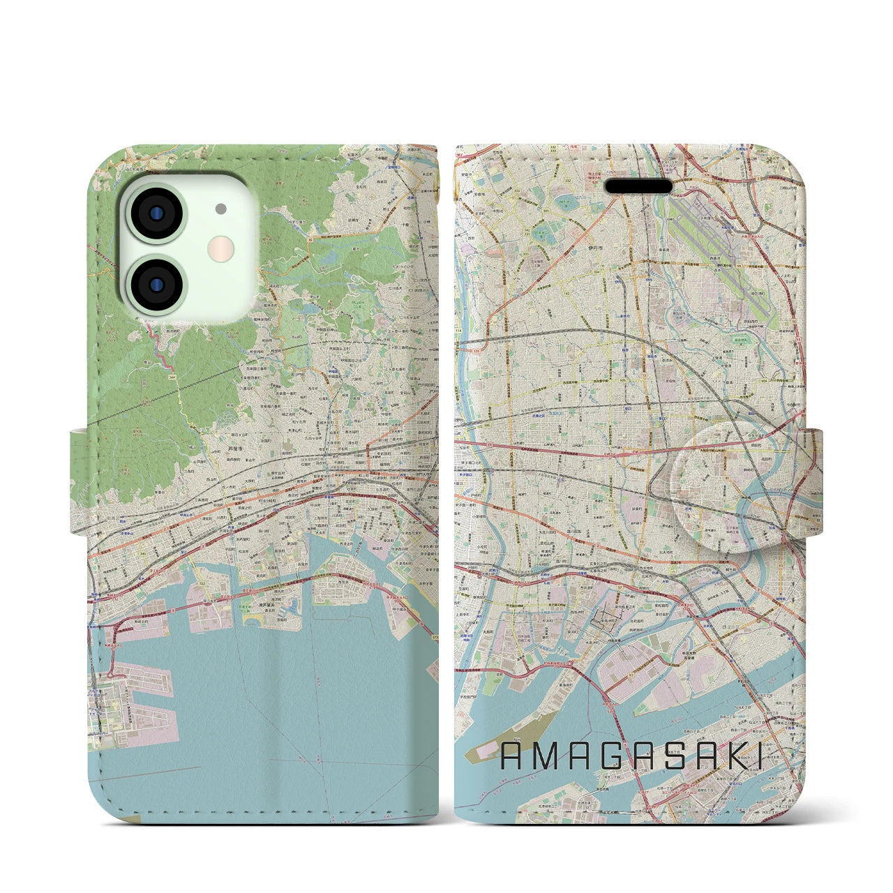 【尼崎(兵庫県)】地図柄iPhoneケース(手帳タイプ)ナチュラル・iPhone 12 mini 用