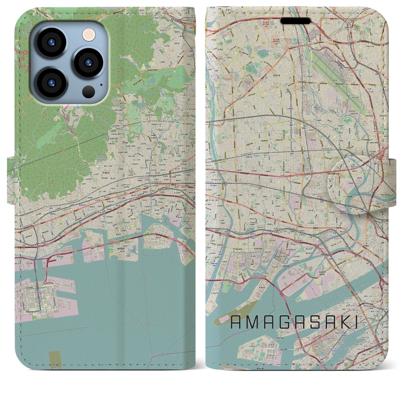 【尼崎(兵庫県)】地図柄iPhoneケース(手帳タイプ)ナチュラル・iPhone 13 Pro Max 用