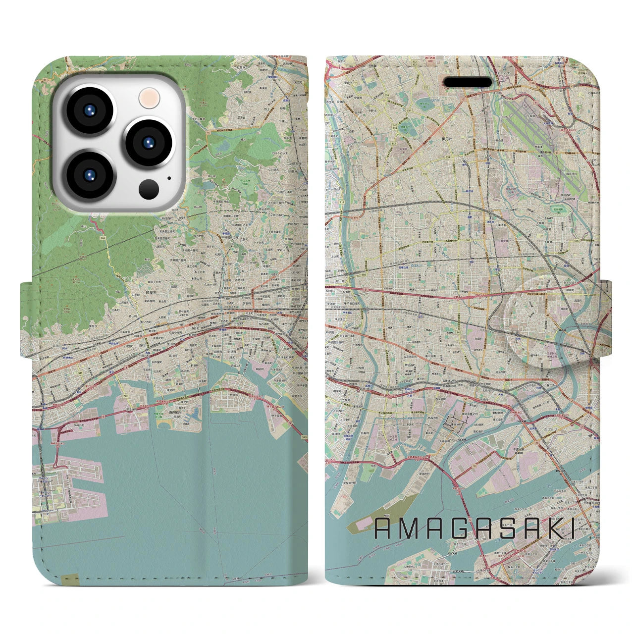 【尼崎(兵庫県)】地図柄iPhoneケース(手帳タイプ)ナチュラル・iPhone 13 Pro 用