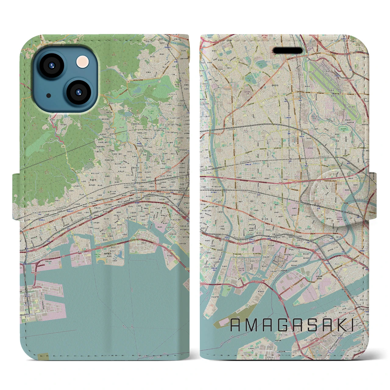 【尼崎(兵庫県)】地図柄iPhoneケース(手帳タイプ)ナチュラル・iPhone 13 用