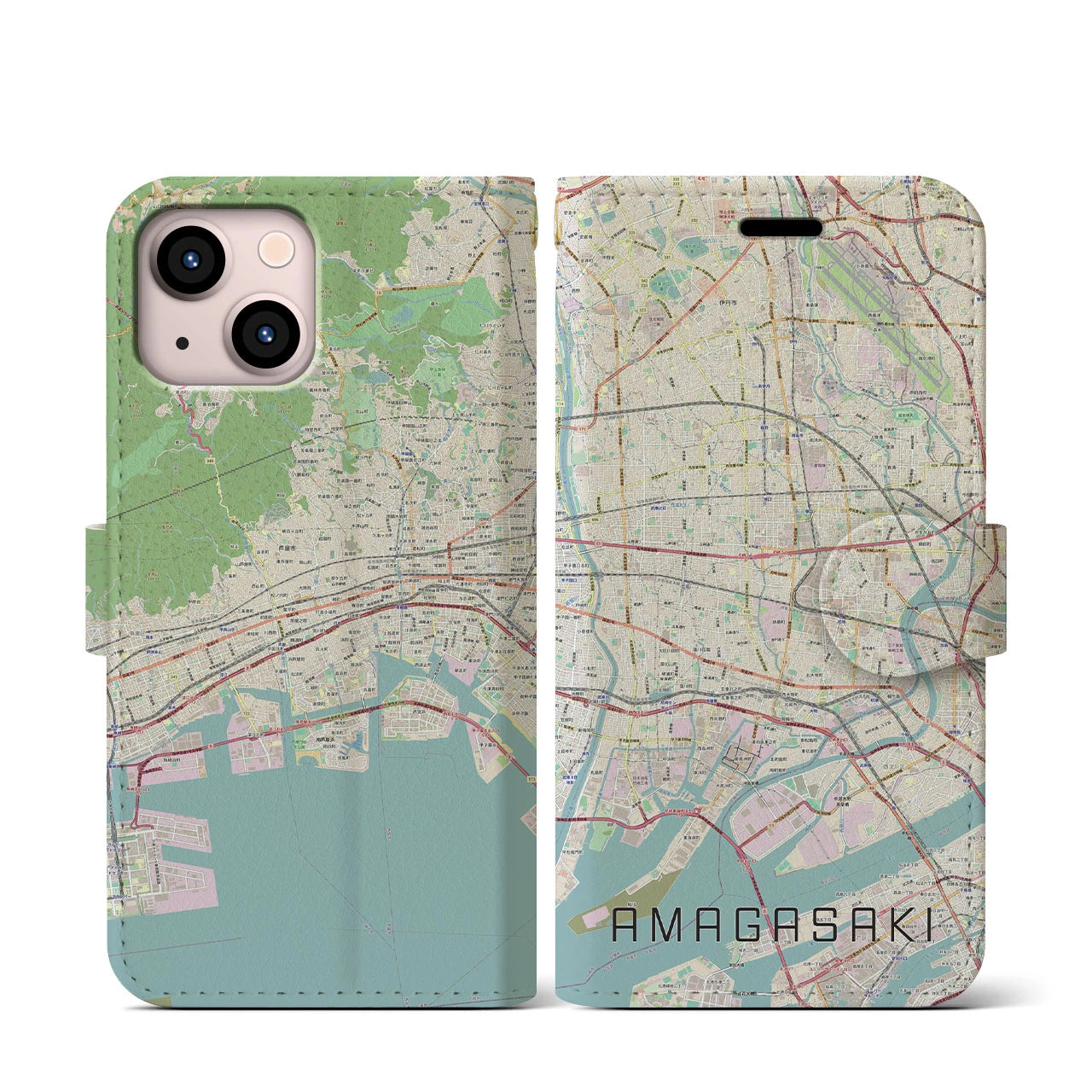 【尼崎(兵庫県)】地図柄iPhoneケース(手帳タイプ)ナチュラル・iPhone 13 mini 用