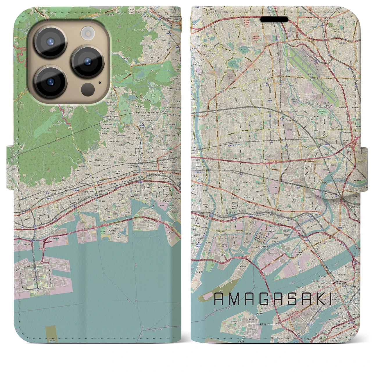 【尼崎(兵庫県)】地図柄iPhoneケース(手帳タイプ)ナチュラル・iPhone 14 Pro Max 用