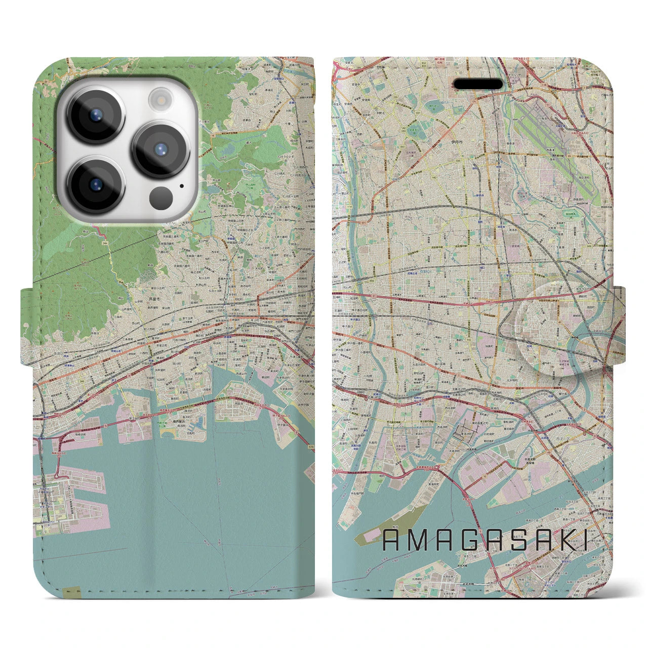 【尼崎(兵庫県)】地図柄iPhoneケース(手帳タイプ)ナチュラル・iPhone 14 Pro 用