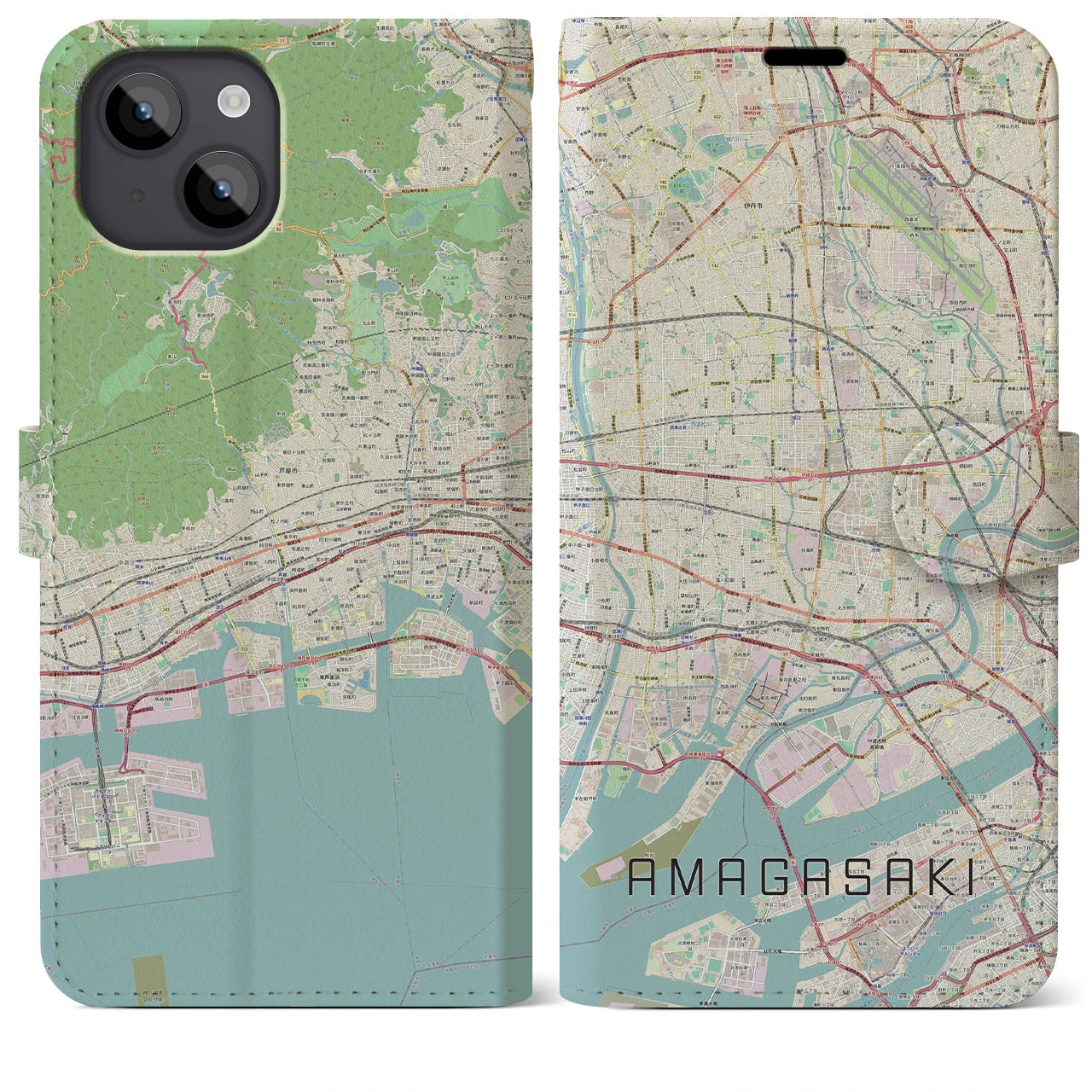 【尼崎(兵庫県)】地図柄iPhoneケース(手帳タイプ)ナチュラル・iPhone 14 Plus 用
