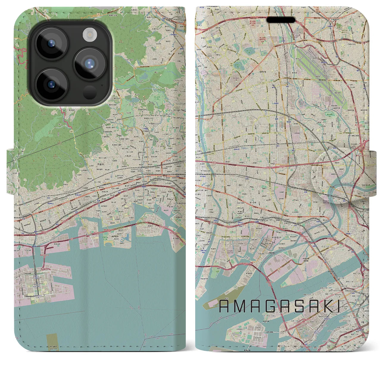 【尼崎(兵庫県)】地図柄iPhoneケース(手帳タイプ)ナチュラル・iPhone 15 Pro Max 用
