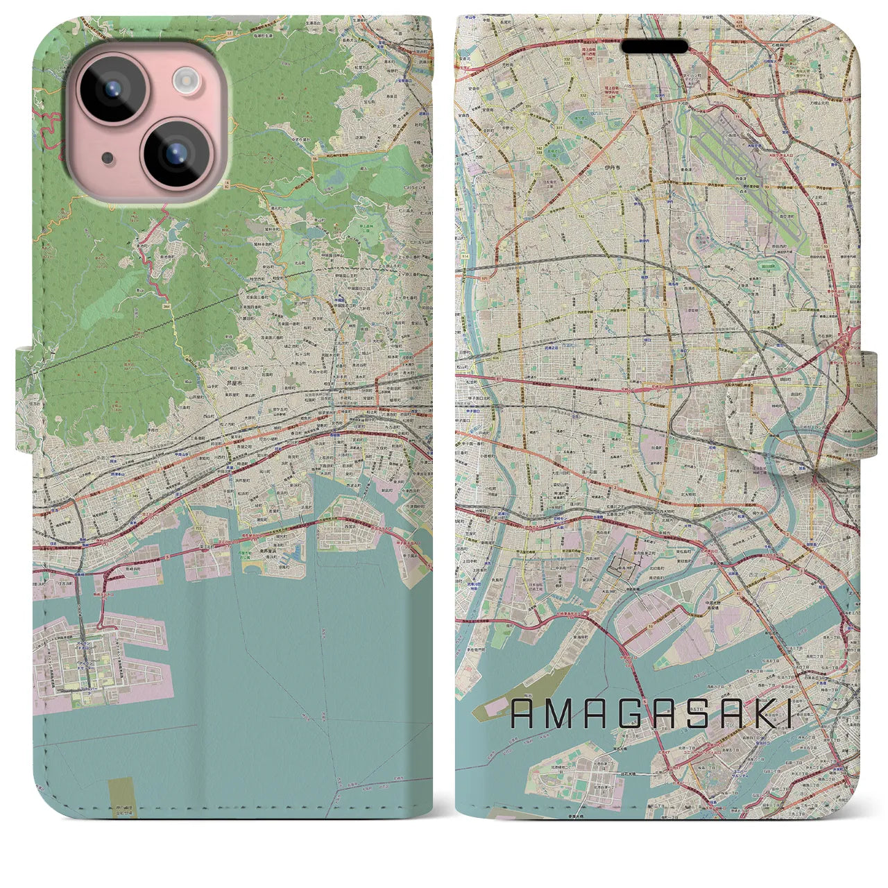 【尼崎(兵庫県)】地図柄iPhoneケース(手帳タイプ)ナチュラル・iPhone 15 Plus 用