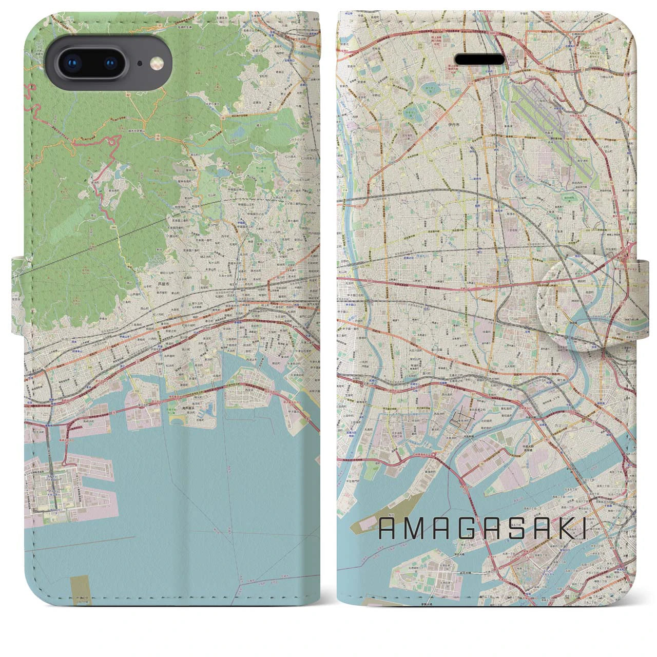 【尼崎(兵庫県)】地図柄iPhoneケース(手帳タイプ)ナチュラル・iPhone 8Plus /7Plus / 6sPlus / 6Plus 用