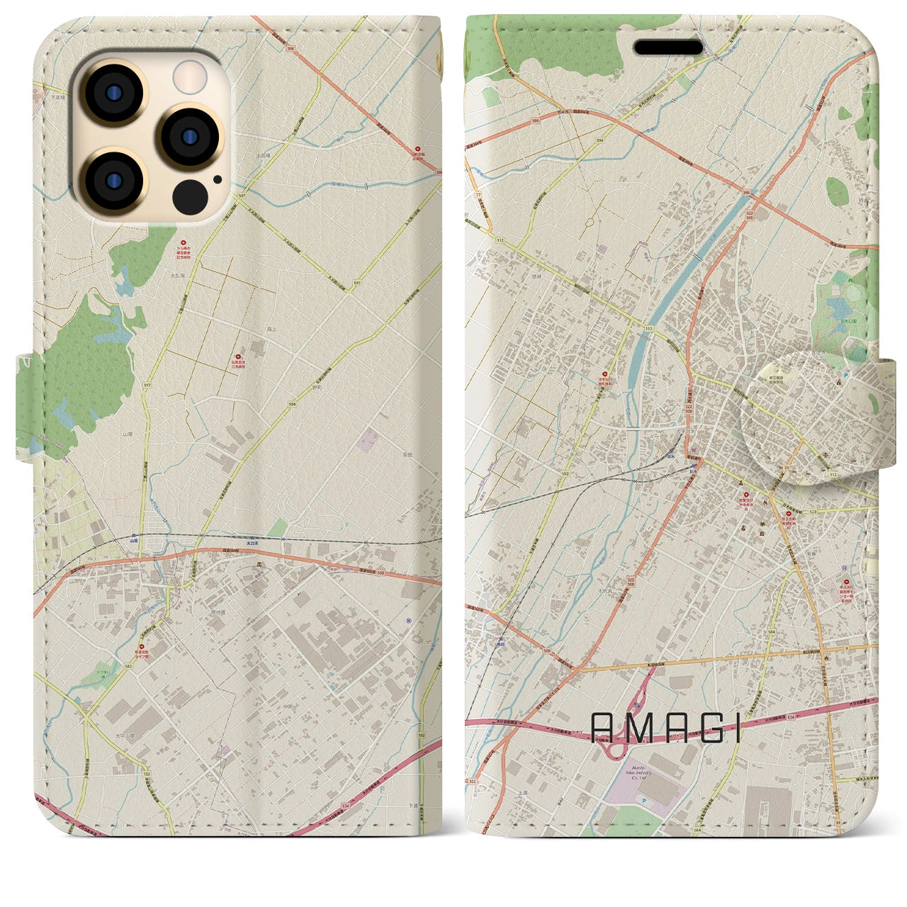 【甘木(福岡県)】地図柄iPhoneケース(手帳タイプ)ナチュラル・iPhone 12 Pro Max 用