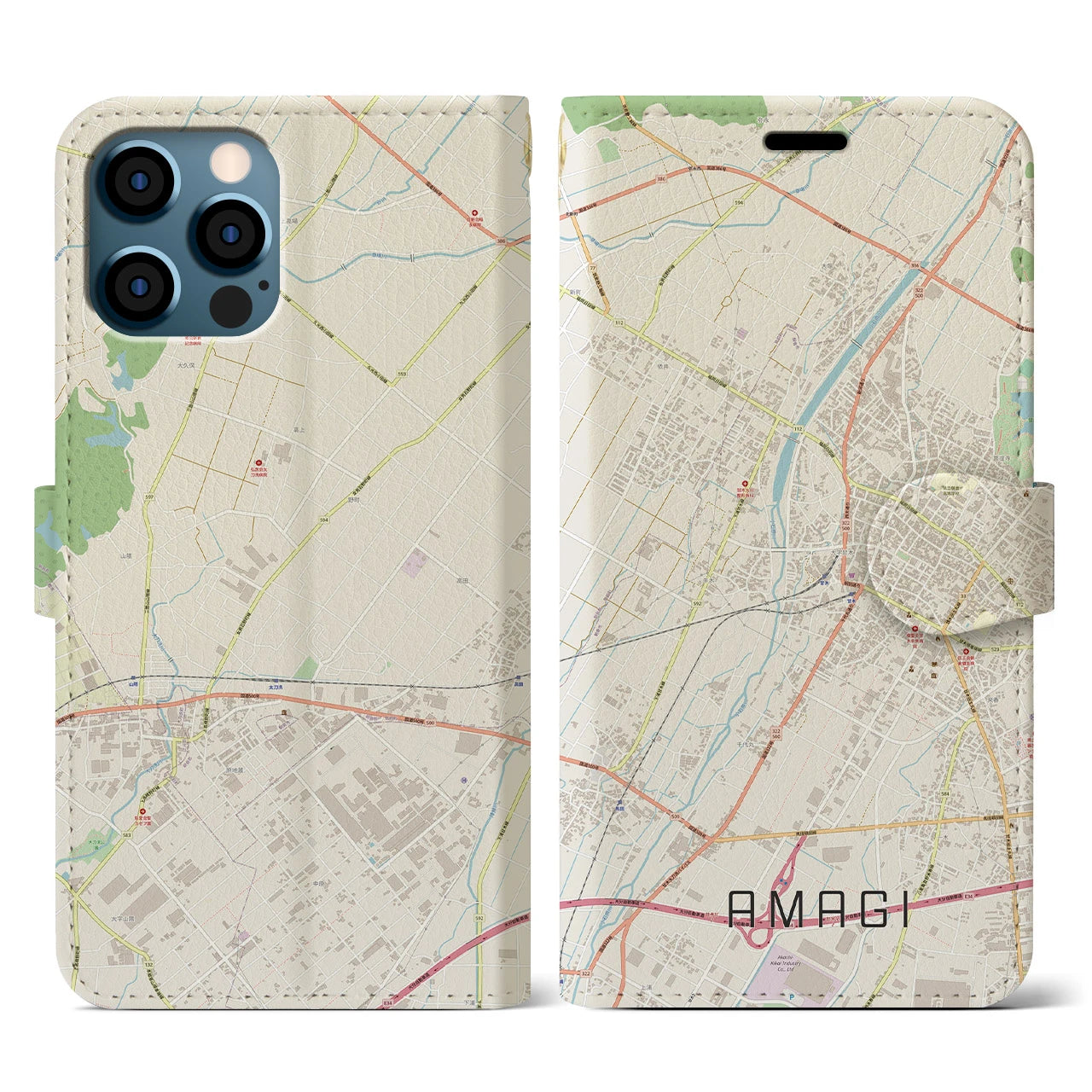 【甘木(福岡県)】地図柄iPhoneケース(手帳タイプ)ナチュラル・iPhone 12 / 12 Pro 用