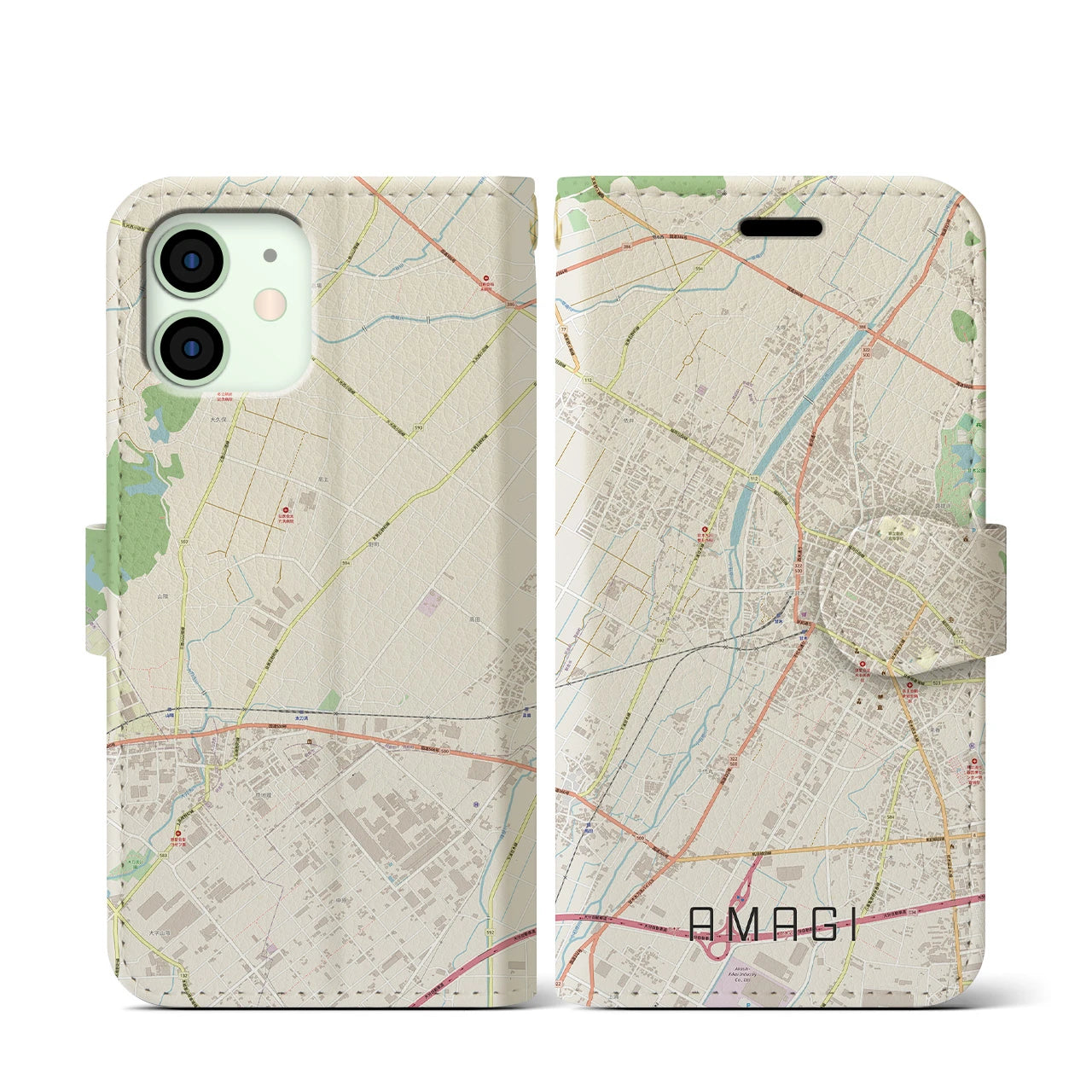 【甘木(福岡県)】地図柄iPhoneケース(手帳タイプ)ナチュラル・iPhone 12 mini 用