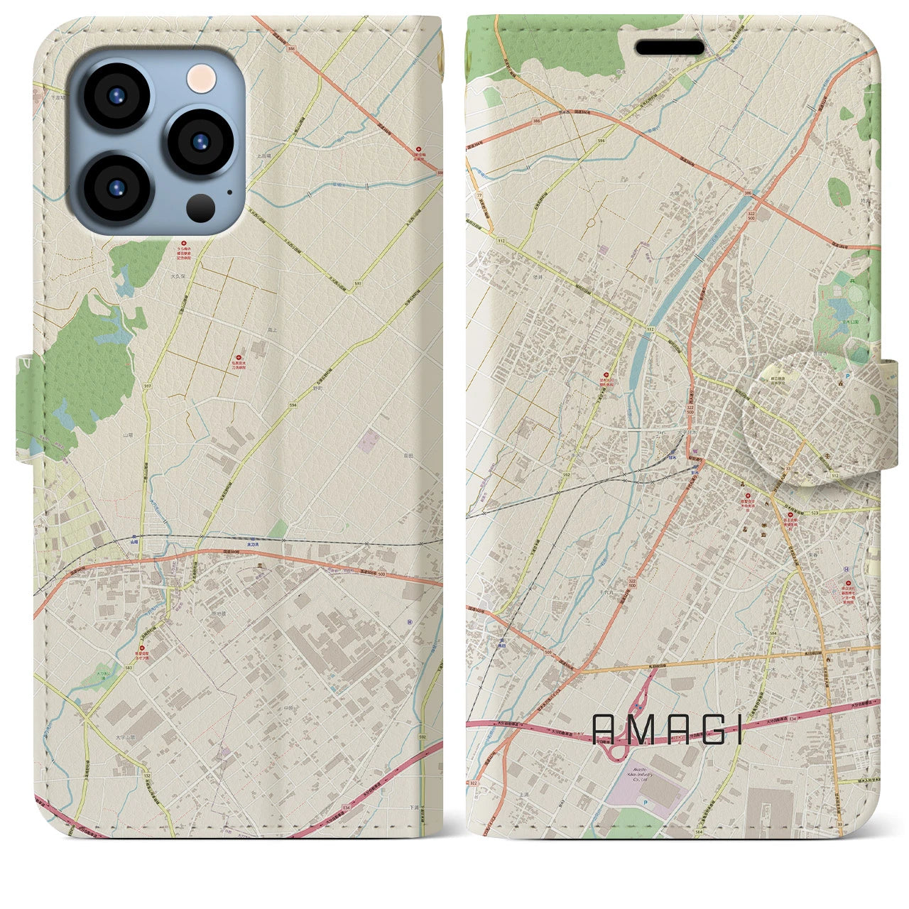 【甘木(福岡県)】地図柄iPhoneケース(手帳タイプ)ナチュラル・iPhone 13 Pro Max 用
