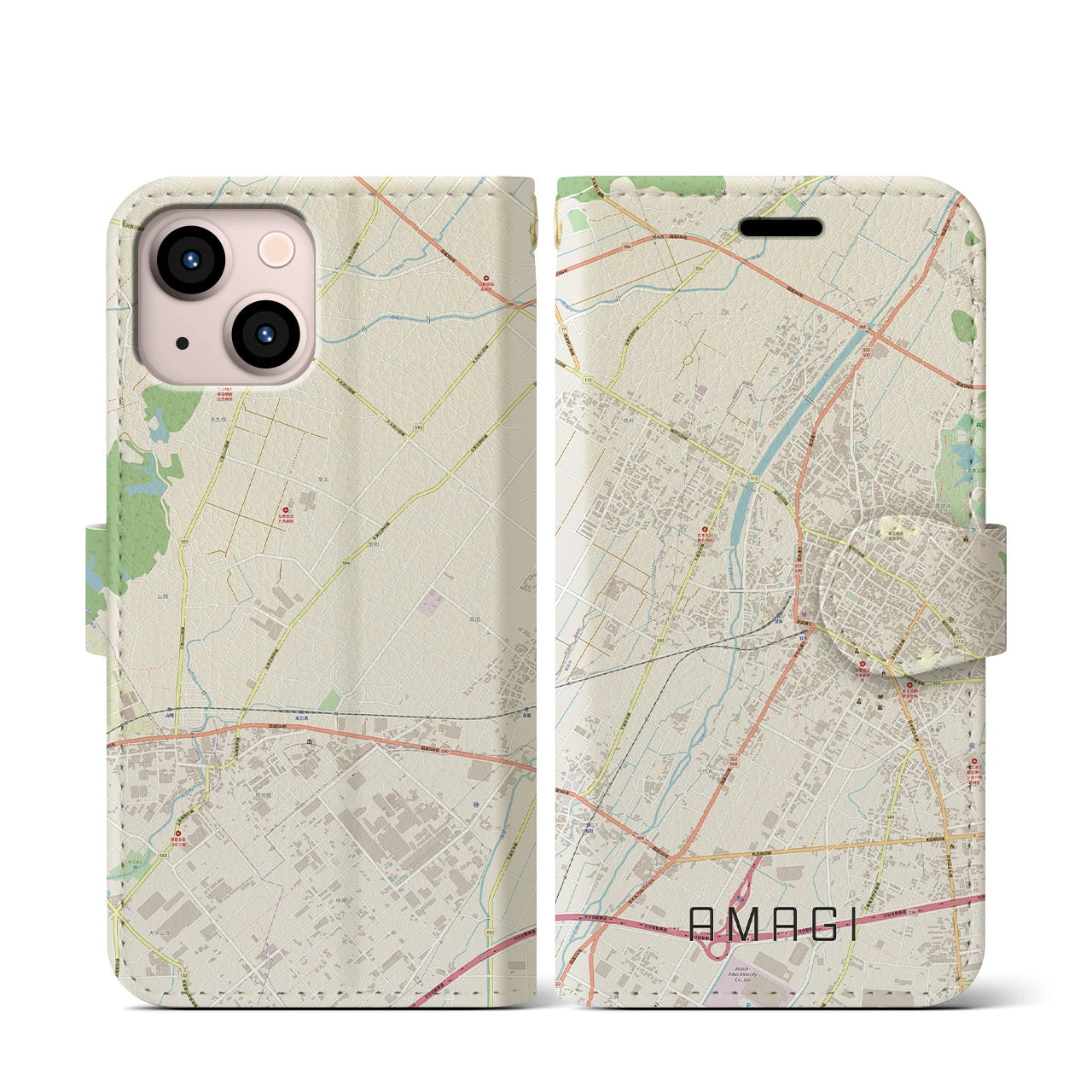 【甘木(福岡県)】地図柄iPhoneケース(手帳タイプ)ナチュラル・iPhone 13 mini 用