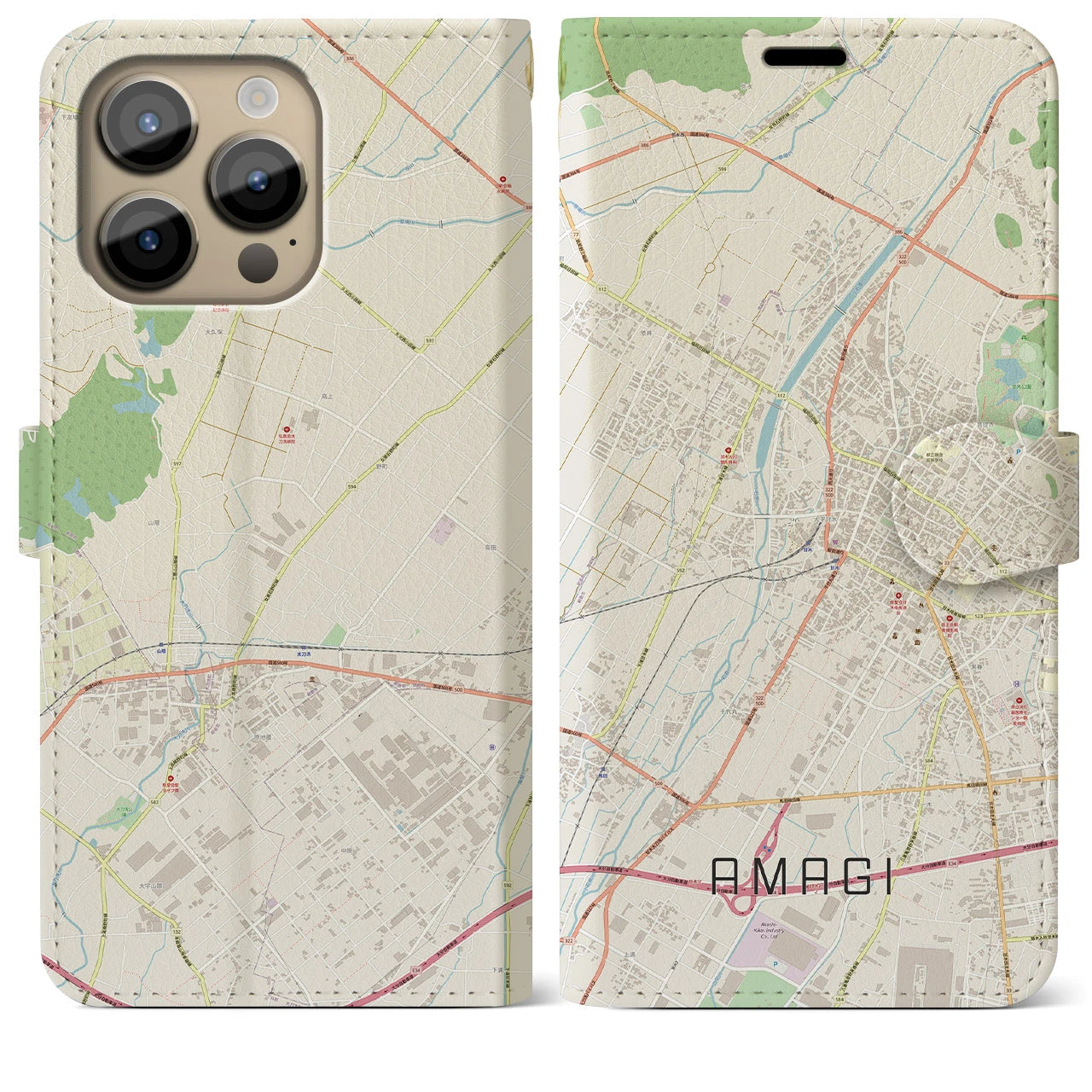 【甘木(福岡県)】地図柄iPhoneケース(手帳タイプ)ナチュラル・iPhone 14 Pro Max 用