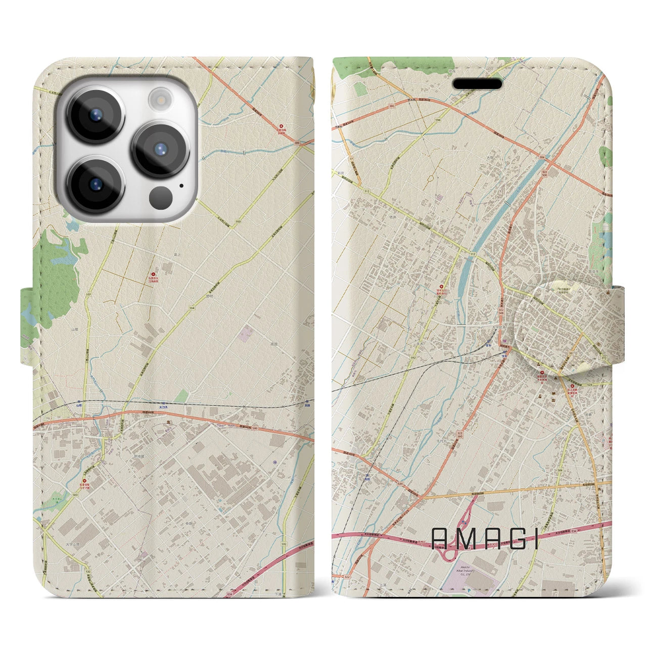 【甘木(福岡県)】地図柄iPhoneケース(手帳タイプ)ナチュラル・iPhone 14 Pro 用