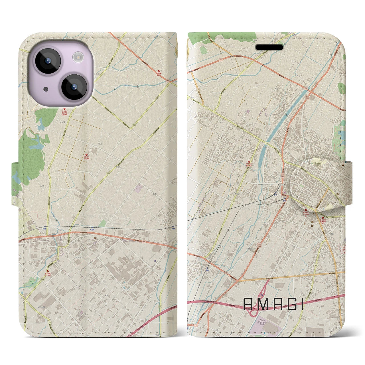 【甘木(福岡県)】地図柄iPhoneケース(手帳タイプ)ナチュラル・iPhone 14 用