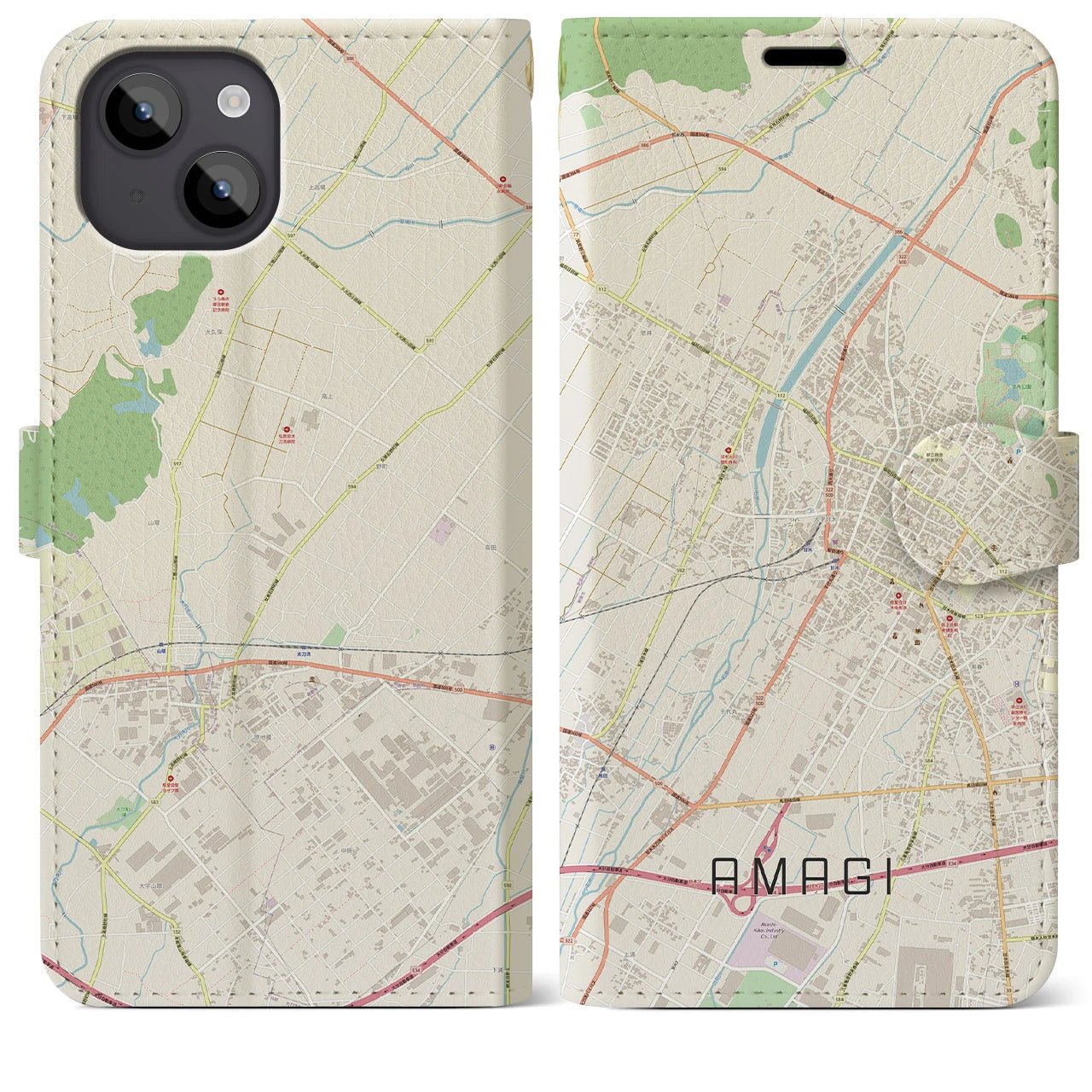【甘木(福岡県)】地図柄iPhoneケース(手帳タイプ)ナチュラル・iPhone 14 Plus 用