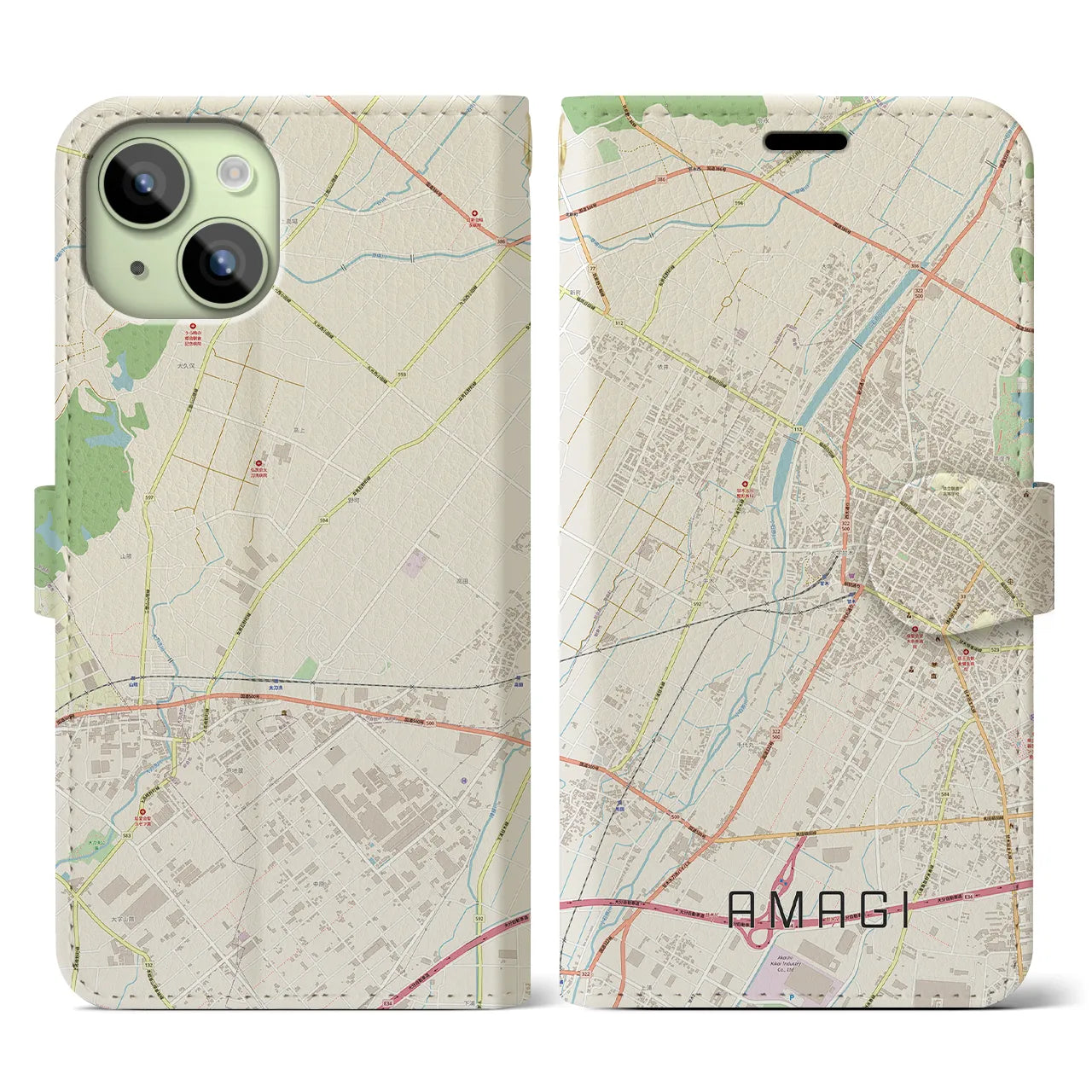 【甘木(福岡県)】地図柄iPhoneケース(手帳タイプ)ナチュラル・iPhone 15 用