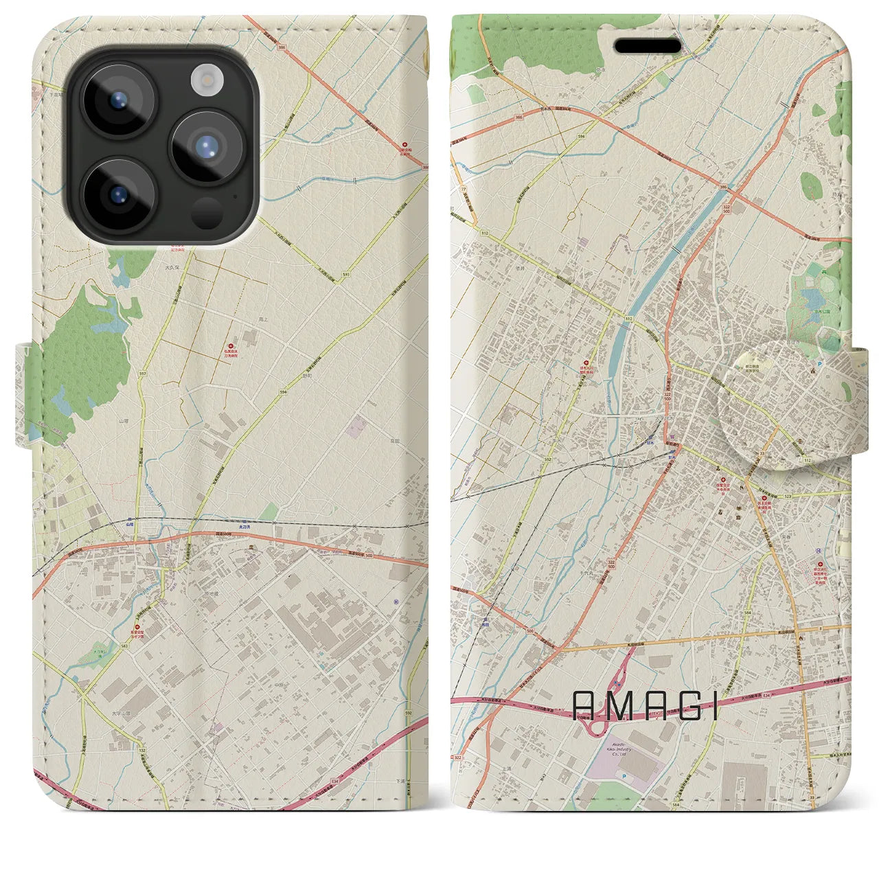 【甘木(福岡県)】地図柄iPhoneケース(手帳タイプ)ナチュラル・iPhone 15 Pro Max 用