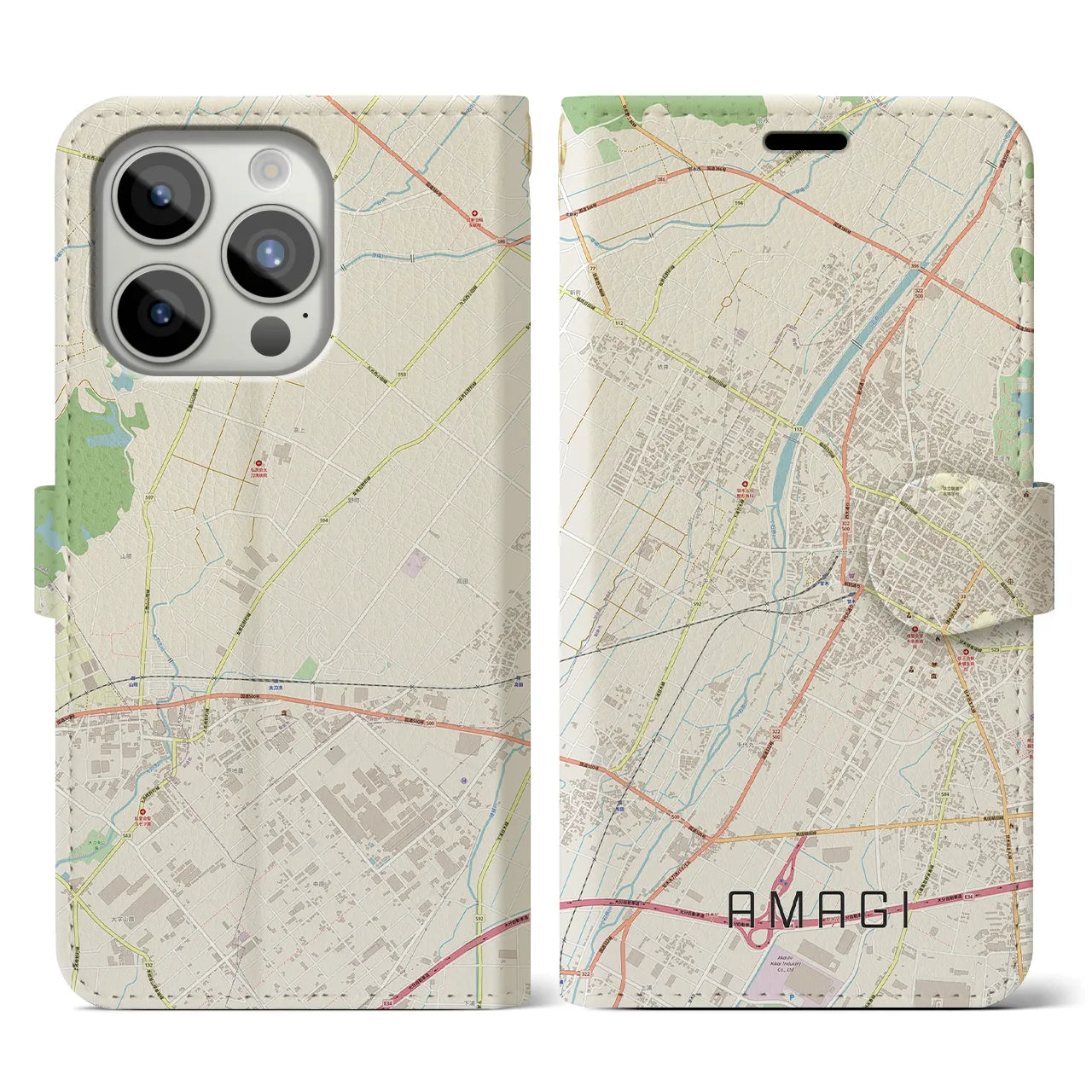 【甘木(福岡県)】地図柄iPhoneケース(手帳タイプ)ナチュラル・iPhone 15 Pro 用
