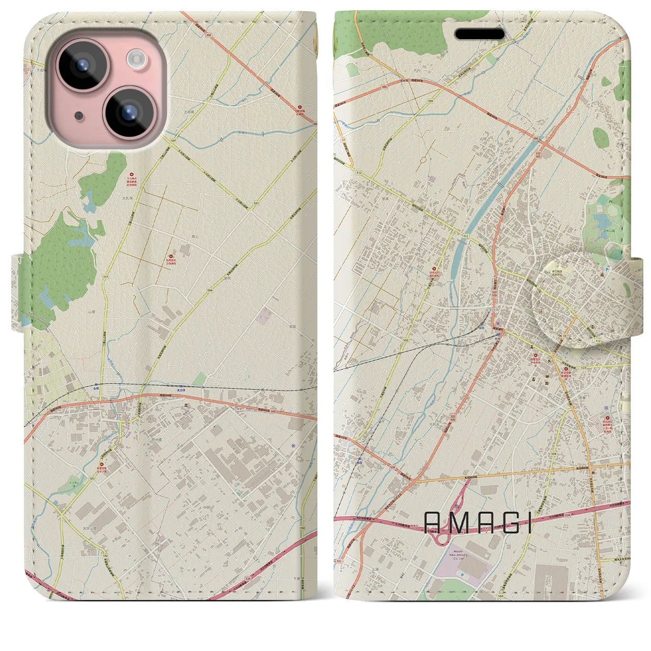 【甘木(福岡県)】地図柄iPhoneケース(手帳タイプ)ナチュラル・iPhone 15 Plus 用