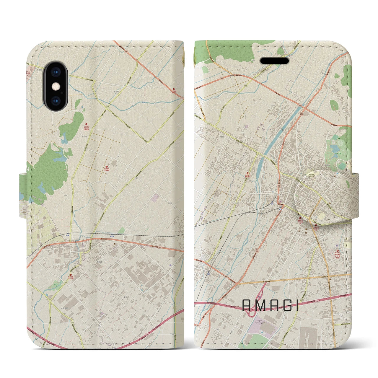 【甘木(福岡県)】地図柄iPhoneケース(手帳タイプ)ナチュラル・iPhone XS / X 用