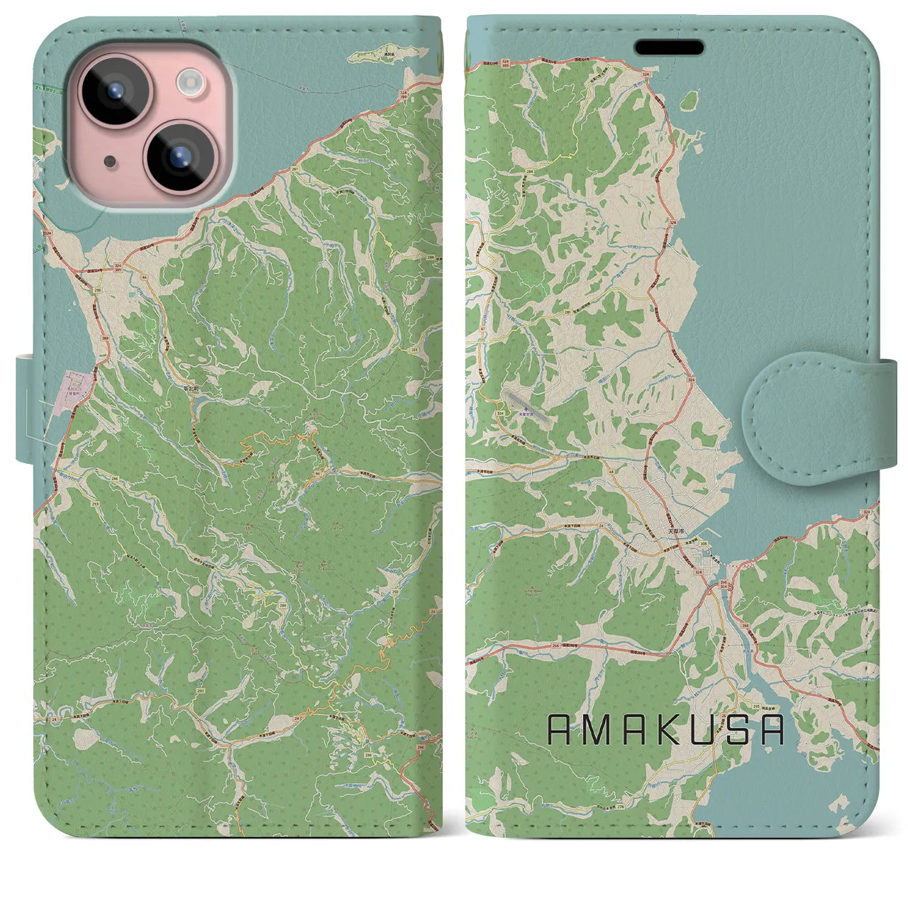 【天草(熊本県)】地図柄iPhoneケース(手帳タイプ)ナチュラル・iPhone 15 Plus 用