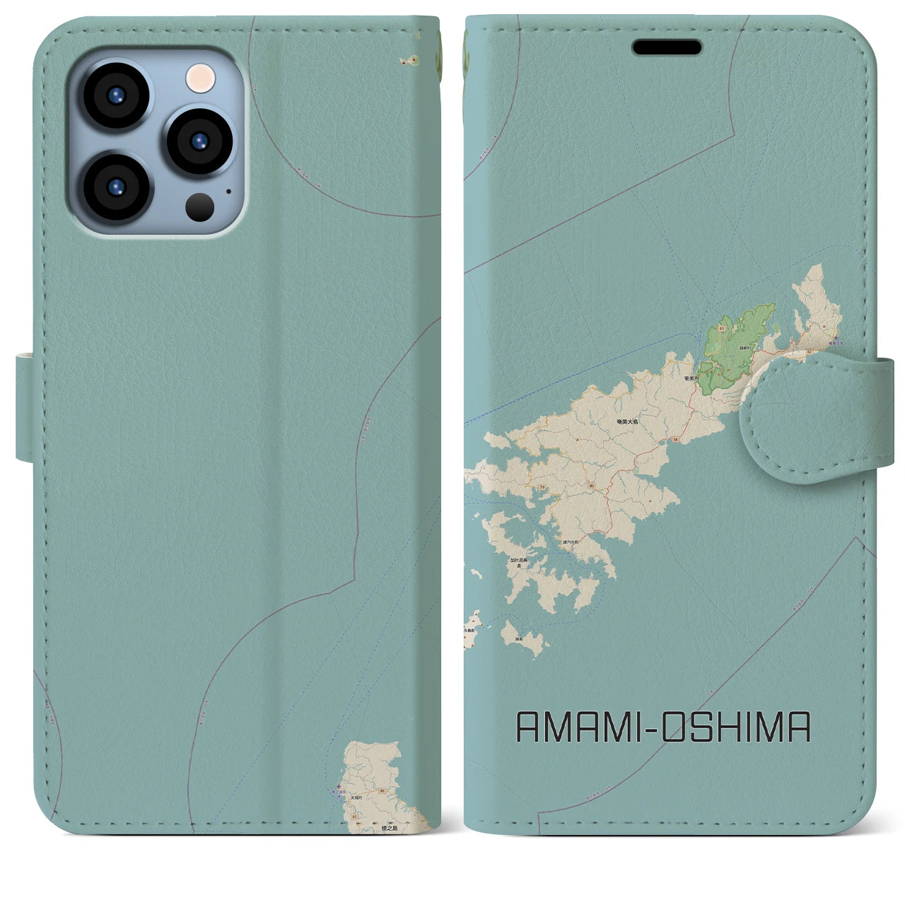 【奄美大島(鹿児島県)】地図柄iPhoneケース(手帳タイプ)ナチュラル・iPhone 13 Pro Max 用