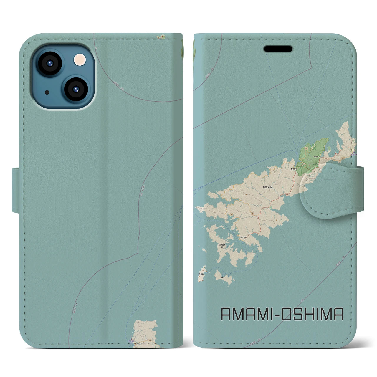 【奄美大島(鹿児島県)】地図柄iPhoneケース(手帳タイプ)ナチュラル・iPhone 13 用