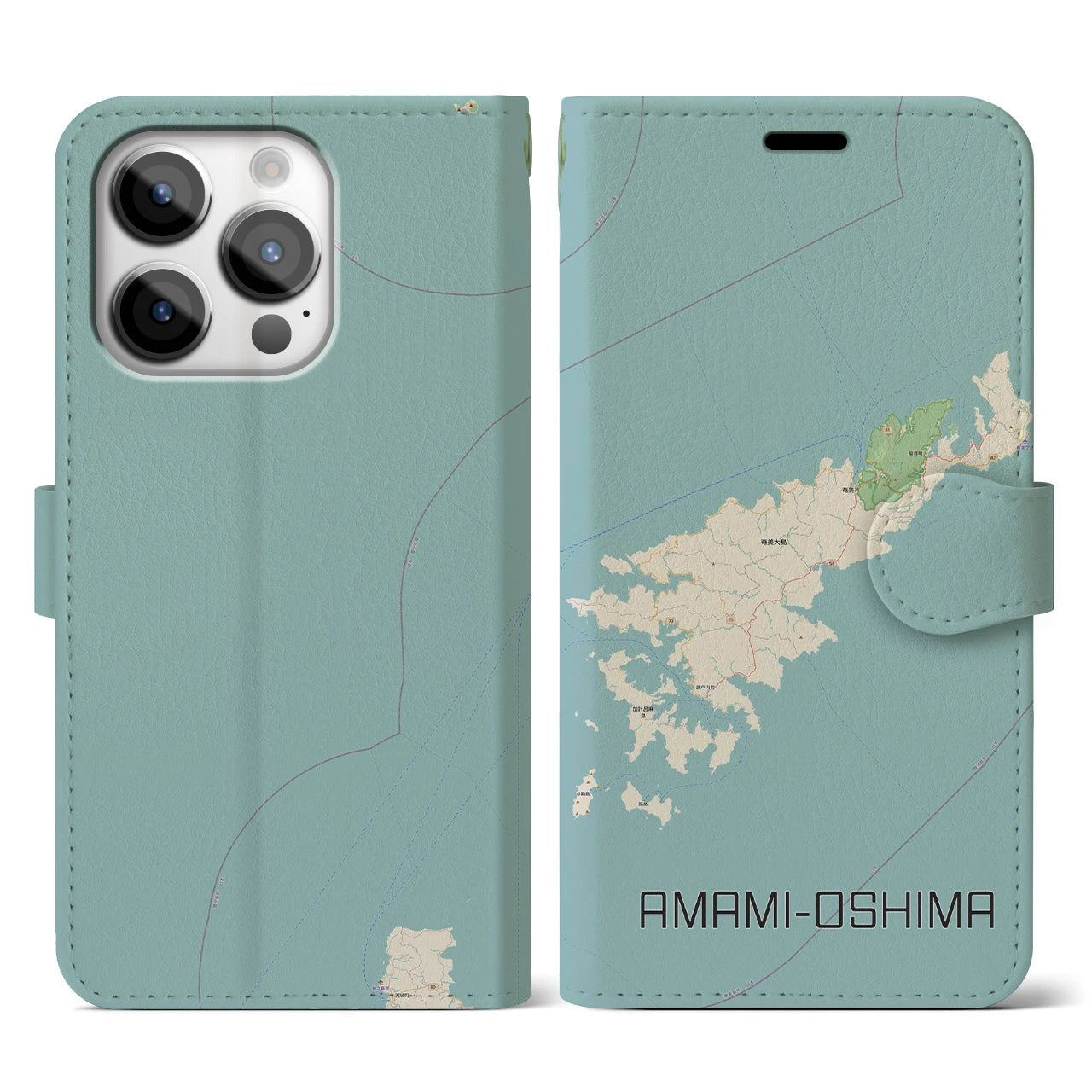 【奄美大島(鹿児島県)】地図柄iPhoneケース(手帳タイプ)ナチュラル・iPhone 14 Pro 用