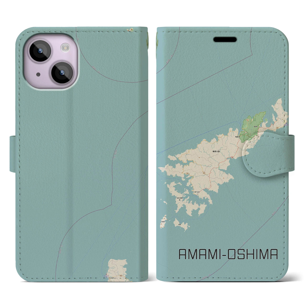 【奄美大島(鹿児島県)】地図柄iPhoneケース(手帳タイプ)ナチュラル・iPhone 14 用