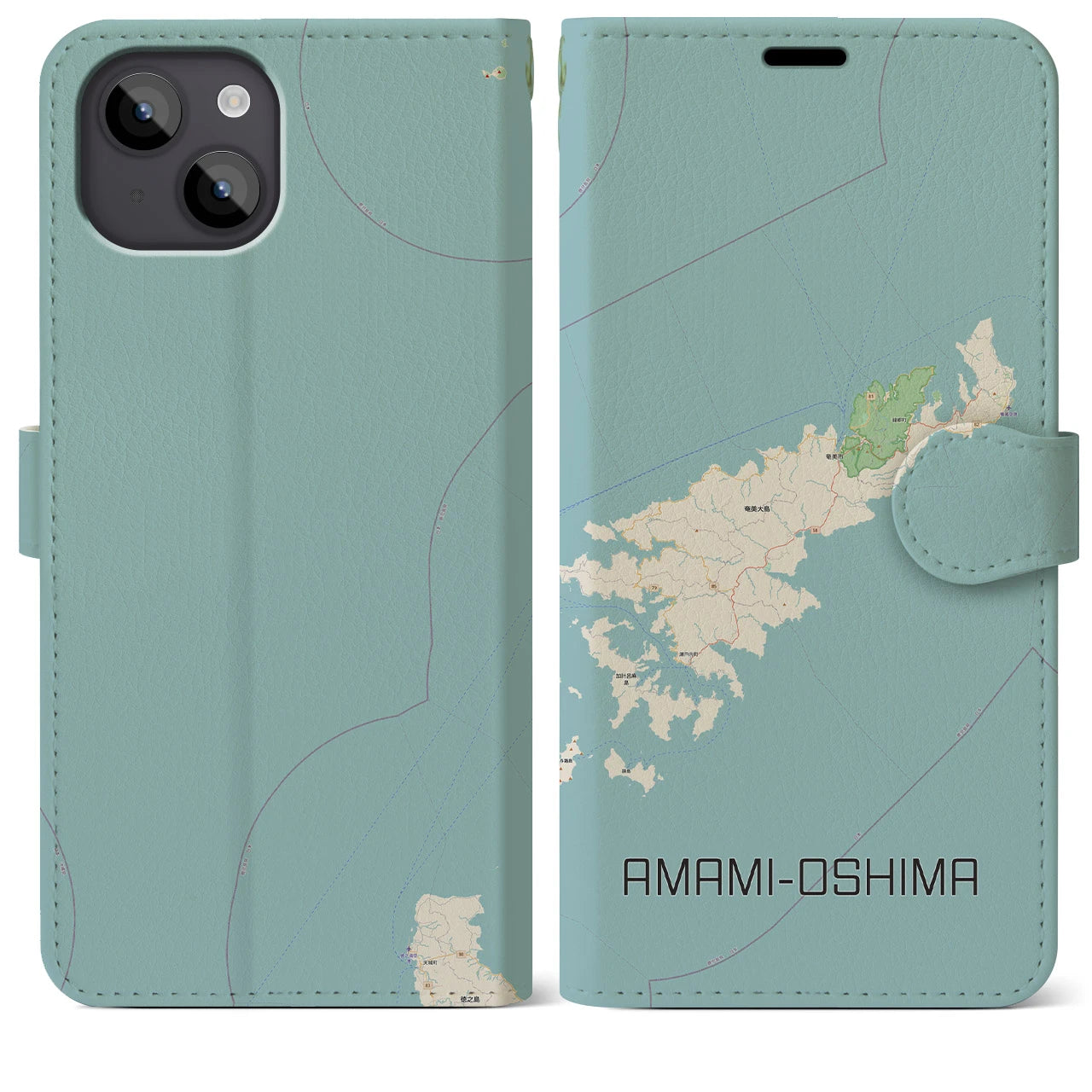 【奄美大島(鹿児島県)】地図柄iPhoneケース(手帳タイプ)ナチュラル・iPhone 14 Plus 用