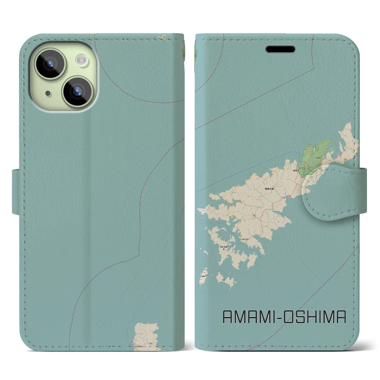【奄美大島(鹿児島県)】地図柄iPhoneケース(手帳タイプ)ナチュラル・iPhone 15 用