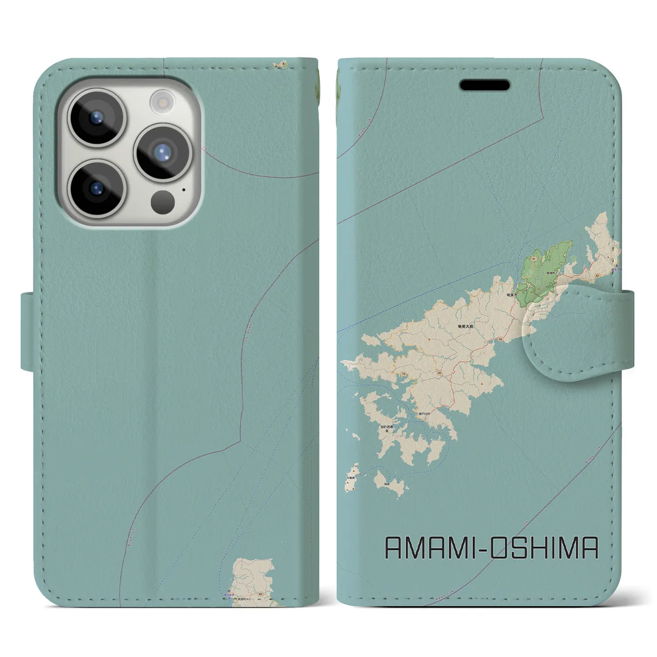 【奄美大島(鹿児島県)】地図柄iPhoneケース(手帳タイプ)ナチュラル・iPhone 15 Pro 用
