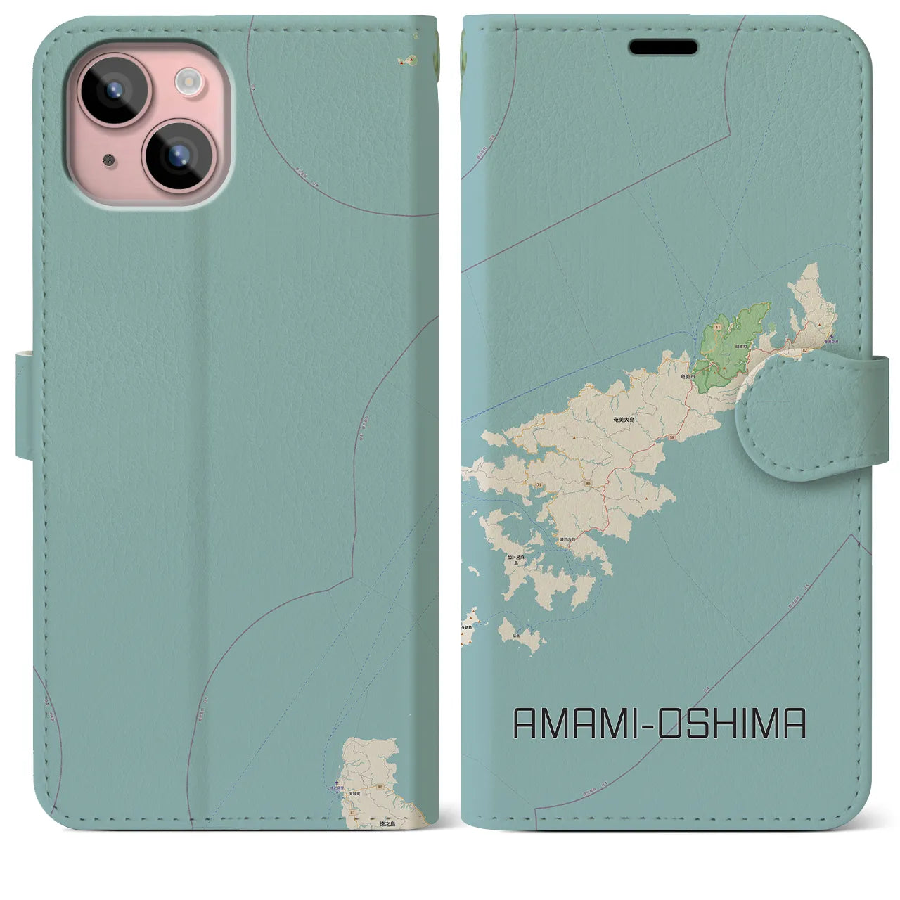 【奄美大島(鹿児島県)】地図柄iPhoneケース(手帳タイプ)ナチュラル・iPhone 15 Plus 用