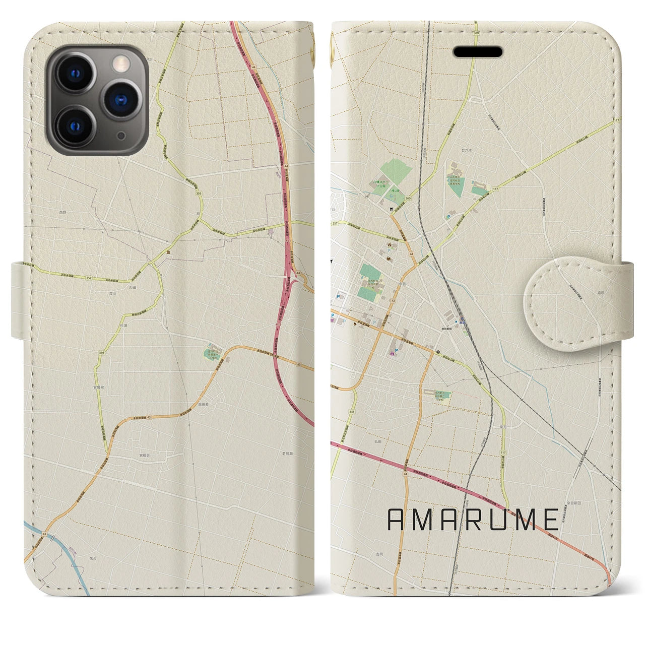 【余目(山形県)】地図柄iPhoneケース(手帳タイプ)ナチュラル・iPhone 11 Pro Max 用
