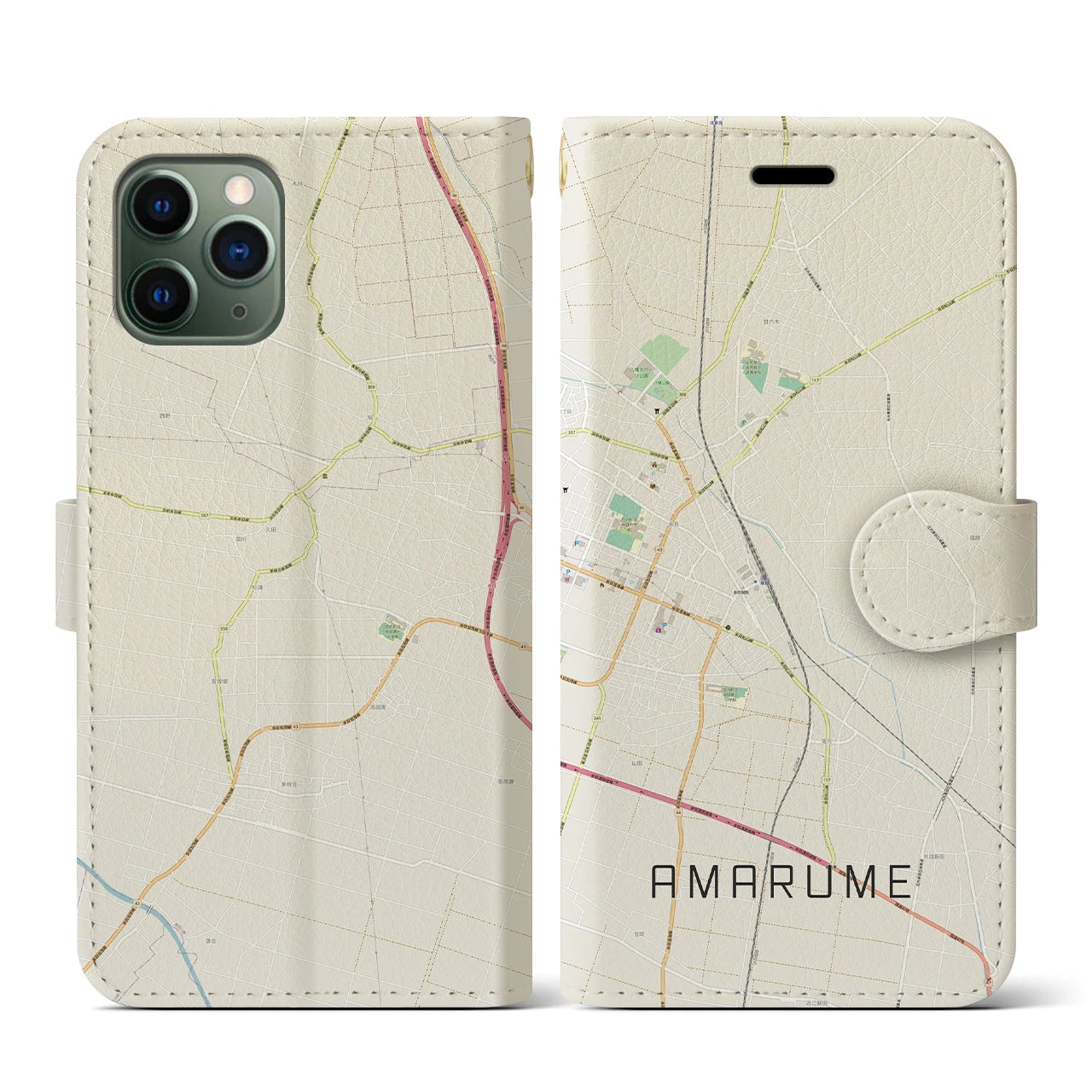 【余目(山形県)】地図柄iPhoneケース(手帳タイプ)ナチュラル・iPhone 11 Pro 用